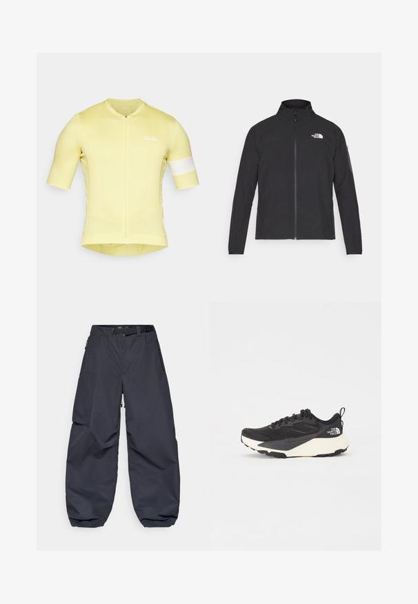 Sort jakke med høj krave, frontlynlås og struktureret stof. Har et logo på øverste venstre side og en sidelomme på ærmet.; Gul cykeltrøje med korte ærmer, tætsiddende design, tekstureret stof, lynlås foran, og et hvidt accentbånd på ærmet. "Rapha" logo til stede.; Mørkegrå cargo bukser lavet af et blødt, holdbart materiale. De har en bred, løs pasform, flere lommer og et taljebælte til justering.; Sort sportsko med struktureret mesh-overdel, solide sorte detaljer og hvid letvægts sål. Har snørebåndslukning og trækstrop.