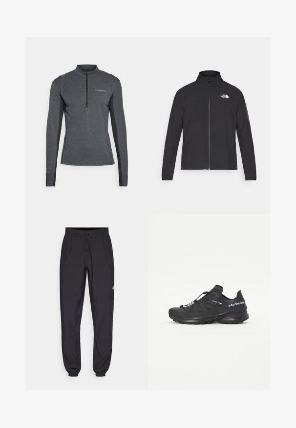 Black jacket with a high collar, front zipper, and textured fabric. Features a logo on the upper left and a side pocket on the sleeve.; Long-sleeve pullover in dark gray, featuring a zippered collar, raglan sleeves, and contrasting black side panels with a textured fabric.; Black athletic pants made from lightweight fabric, featuring a drawstring waistband, side pockets, and tapered cuffs at the ankles.; Black trail running shoe with a textured upper, elastic laces, and Contagrip outsole. Features a snug fit and protective toe cap.