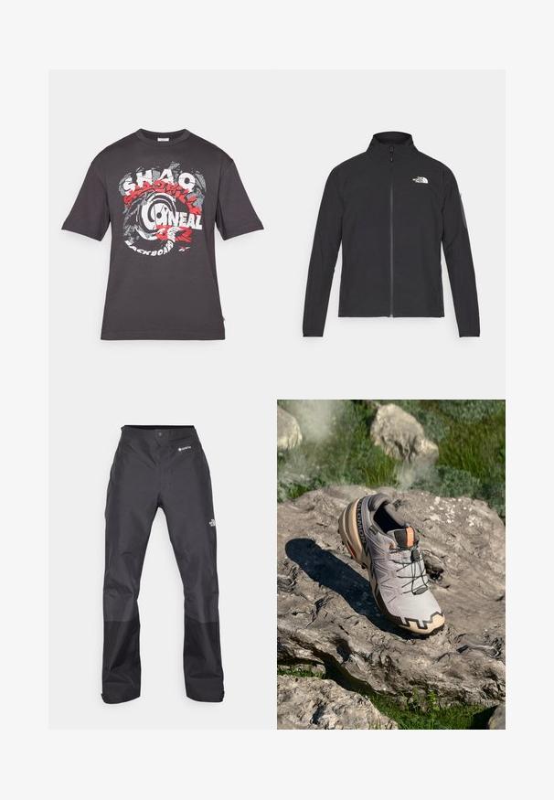 Casaco preto com um colarinho alto, fecho na frente e tecido texturizado. Apresenta um logótipo no canto superior esquerdo e um bolso lateral na manga.; Camiseta de cor cinza escuro, feita de algodão, com um grande gráfico em vermelho e branco que inclui texto e um design circular. Com mangas curtas.; Calças impermeáveis pretas com uma textura suave, apresentando um logotipo GORE-TEX na frente, e pernas inferiores reforçadas para maior durabilidade.; Sapatilha de corrida em trilhos cinza claro com detalhes em bege, parte superior texturizada, atacadores pretos e sola com padrão de aderência pronunciado. Apresenta o logótipo da marca.