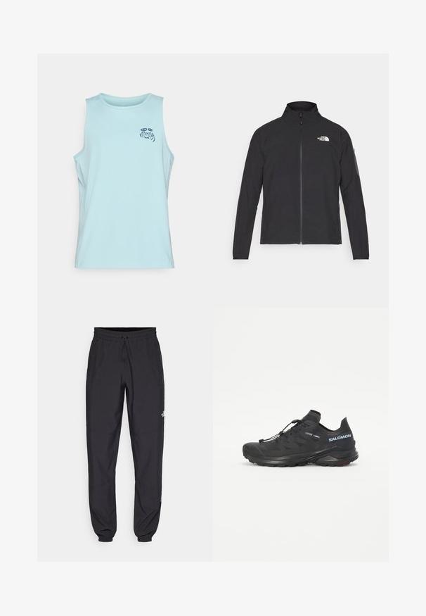 Giacca nera con colletto alto, zip frontale e tessuto strutturato. Presenta un logo sulla parte superiore sinistra e una tasca laterale sulla manica.; Top atletico senza maniche di colore azzurro chiaro con un piccolo motivo stampato in blu scuro vicino alla spalla sinistra che reca la scritta "Karma" accompagnata da forme astratte.; Pantaloni sportivi neri realizzati in tessuto leggero, con vita regolabile con cordino, tasche laterali e orli affusolati alle caviglie.; Scarpa da trail running nera con tomaia strutturata, lacci elastici e suola Contagrip. Offre una vestibilità aderente e una protezione per le dita.