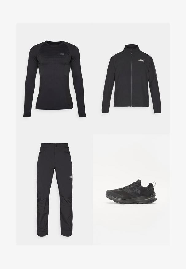Fekete dzseki magas gallérral, elől cipzárral és texturált anyagból. Az elején bal oldalon logó található, és az ujjon egy oldalsó zseb helyezkedik el.; Hosszú ujjú, testhez simuló fekete sportpóló, texturált panelokkal, kerek nyakkal és logóval a bal felső mellrészen. Rugalmas, nedvességet elvezető anyagból készült.; Fekete kültéri nadrág, cipzáras elülső zsebbel, szintetikus anyagból készült, szűkített lábakkal és megerősített térdpanelekkel. Gombos záródással rendelkezik.; Fekete sportcipő hálós felsőrésszel, gumitalppal és párnázott gallérral. Fűzős, oldalán logóval és textúrázott dizájnnal rendelkezik.