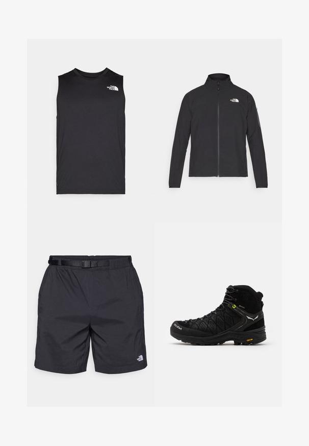 Μαύρο σακάκι με ψηλό γιακά, μπροστινό φερμουάρ και υφασμάτινη υφή. Διαθέτει λογότυπο στο πάνω αριστερό μέρος και πλαϊνή τσέπη στο μανίκι.; Μαύρο αμάνικο αθλητικό μπλουζάκι φτιαγμένο από λείο, ελαφρύ ύφασμα. Έχει ένα μικρό λευκό λογότυπο στο επάνω αριστερό μέρος. Κλασική εφαρμογή με ελάχιστη ραφή.; Μαύρο ελαφρύ σορτσάκι με άνετη εφαρμογή, διαθέτει ρυθμιζόμενη ζώνη, πλαϊνές τσέπες και το λογότυπο της North Face στο κάτω δεξί πόδι.; Μαύρο ορειβατικό μποτάκι με υφή στο πάνω μέρος, ενισχυμένη μύτη και σόλα Vibram. Το σύστημα κορδονιών περιλαμβάνει γάντζους για ασφαλή εφαρμογή.