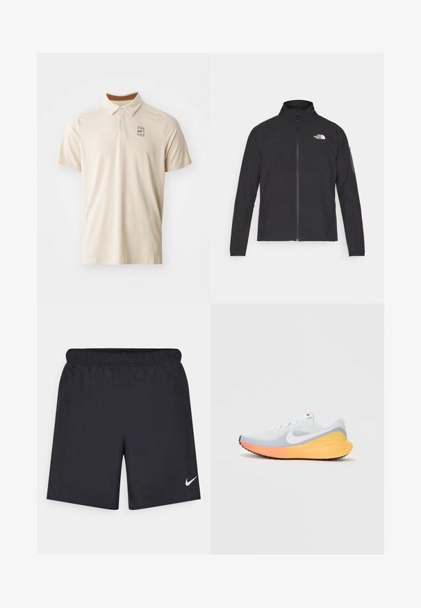 Svart jacka med hög krage, framdragkedja och texturerat tyg. Har en logotyp på övre vänstra sidan och en sidoficka på ärmen.; Beige kortärmad polo med en krage med tre knappar och en logotyp fram. Tillverkad av ett slätt, texturerat tyg.; Svarta träningsshorts gjorda av lätt material med elastisk midja. Har en liten vit Nike-logotyp på nedre vänstra sidan.; Ljust blå löparsko med ett luftigt mesh-övre. Har en vit swoosh, orange och gul mellansula samt svart yttersula för grepp.