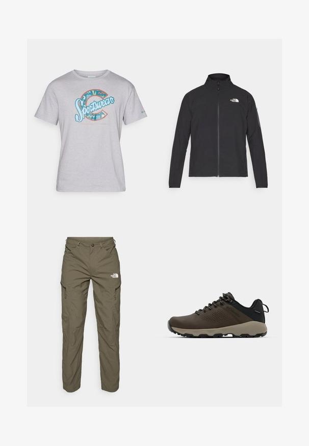 Jachetă neagră cu guler înalt, fermoar frontal și țesătură texturată. Dispune de un logo în partea stângă sus și o buzunar pe manșetă.; Tricou din bumbac gri deschis, cu un grafic multicolor "Sportswear" ce prezintă modele geometrice și culori de accent în albastru și portocaliu.; Pantaloni de exterior de culoare verde măsliniu, dintr-un material ușor, cu buzunare tip cargo, accente cu fermoar și un logo pe coapsa superioară.; Adidași impermeabili maro, cu un superior texturat, accente perforate, suport pentru călcâie negru și o talpă din cauciuc gri. Șireturile au vârfuri metalice.