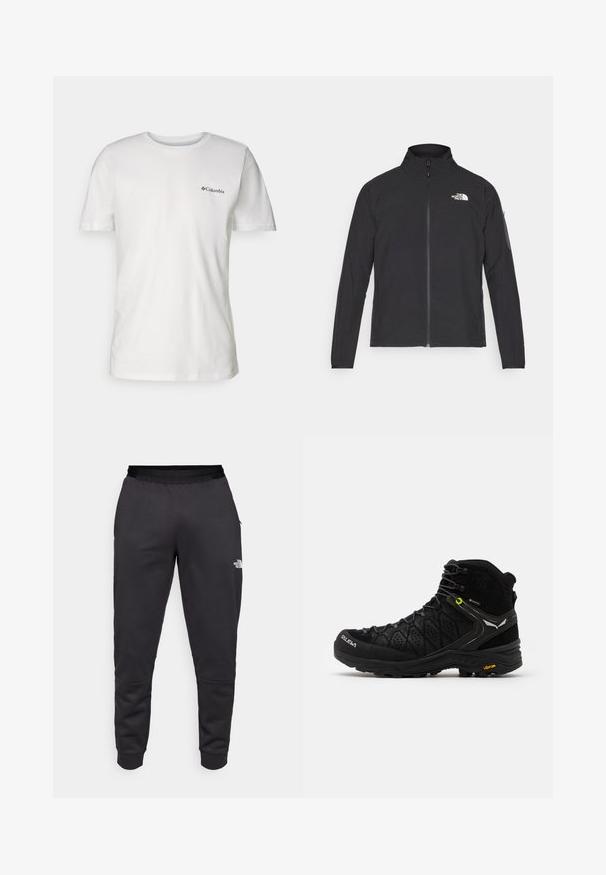 Chaqueta negra con cuello alto, cremallera frontal y tejido texturizado. Presenta un logo en la parte superior izquierda y un bolsillo lateral en la manga.; Columbia RAPID RIDGE™ BACK GRAPHIC TEE - Camiseta estampada - white; Pantalones de chándal negros hechos de tela suave, con un diseño ajustado, cintura elástica y detalle del logo en la pierna derecha.; Bota de senderismo negra con parte superior texturizada, puntera reforzada y suela Vibram. El sistema de cordones incluye ganchos para un ajuste seguro.