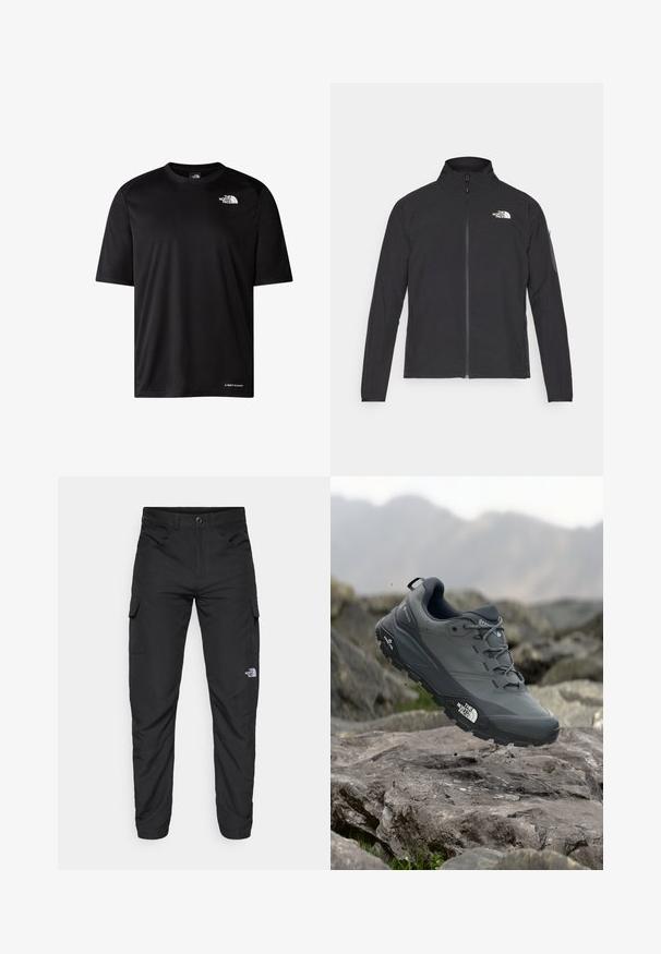 Schwarze Jacke mit hohem Kragen, vorderem Reißverschluss und TEXTURIERTEM Stoff. Verfügt über ein Logo auf der oberen linken Seite und eine Seitentasche am Ärmel.; Schwarzes Kurzarm-Sport-T-Shirt mit Rundhalsausschnitt, strukturiertem Stoff und weißen Logos auf der Brust und am Saum. Leichtes Design für den aktiven Einsatz.; The North Face HORIZON PANT - Outdoor-Hose - black; Grau Trailrunning-Schuh mit einer strukturierten Oberseite, haltbarer Gummisohle und verstärkter Zehenkappe. Verfügt über Schnürsenkel und ein Markenlogo an der Seite.