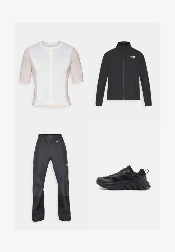 Juodas švarkas su aukšta apykakle, priekiniais užtrauktukais ir tekstūruotu audiniu. Yra logotipas viršuje kairėje ir šoninis kišenė ant rankovės.; Balta ir šviesiai smėlio spalvos trumpomis rankovėmis dviratininko marškinėliai su priekyje esančiu užtrauktuku, lygia tekstūra ir subtiliu logotipo akcentu ant krūtinės.; Juodos vandeniui atsparios kelnės su lygiu paviršiumi, su GORE-TEX logotipu priekyje ir sustiprintomis apačiomis dėl ilgaamžiškumo.; Juodi sportiniai batai su storu padu, tinklinėmis ir sintetinėmis medžiagomis, tekstūruotais akcentais ir Vibram prekės ženklu ant pado.