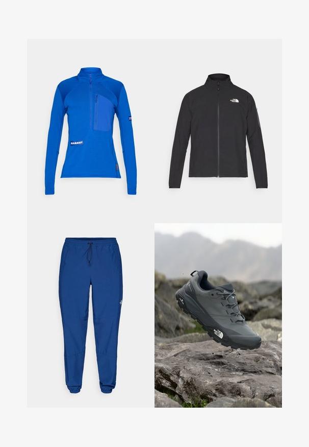 Black jacket with a high collar, front zipper, and textured fabric. Features a logo on the upper left and a side pocket on the sleeve.; Blue long-sleeve pullover made of textured fabric, featuring a zippered chest pocket, a logo patch, and contrasting panel details.; Blue lightweight jogger pants with an elastic waistband, drawstring, and elastic cuffs. Features side pockets and a logo near the lower leg.; Grey trail running shoe with a textured upper, durable rubber sole, and reinforced toe cap. Features laces and brand logo on the side.