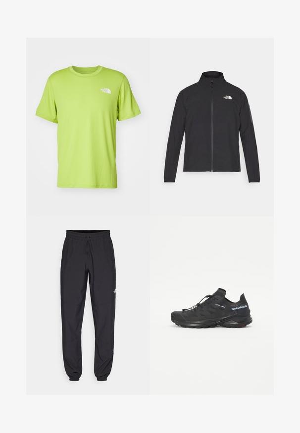 Fekete dzseki magas gallérral, elől cipzárral és texturált anyagból. Az elején bal oldalon logó található, és az ujjon egy oldalsó zseb helyezkedik el.; The North Face LIGHTBRIGHT TEE - Sportfelső - meadow grass; Fekete sportnadrág, könnyű anyagból készült, húzózsinóros derékkal, oldalsó zsebekkel és szűkített szárakkal a bokáknál.; Fekete terepfutó cipő textúrált felsőrésszel, rugalmas fűzőkkel és Contagrip talppal. Kiemelkedő illeszkedés és védő orrborítás jellemzi.