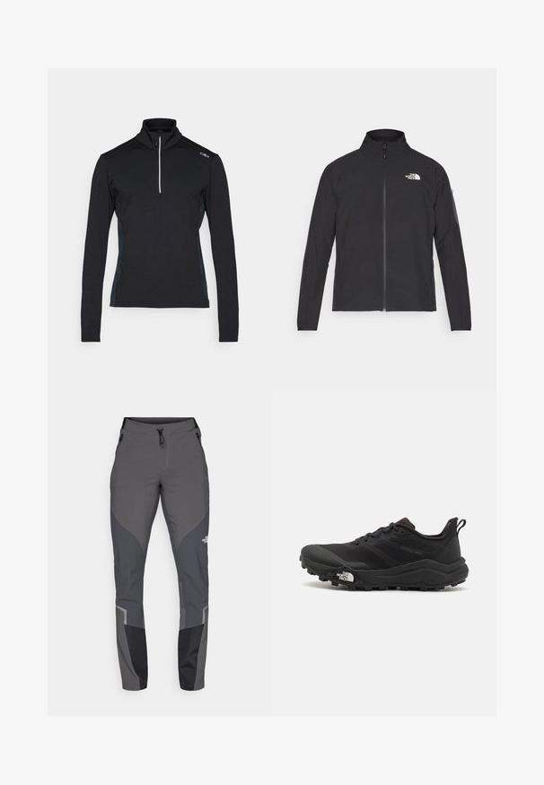 Fekete dzseki magas gallérral, elől cipzárral és texturált anyagból. Az elején bal oldalon logó található, és az ujjon egy oldalsó zseb helyezkedik el.; Fekete, hosszú ujjú pulóver, negyed cipzárral, textúrált anyagból készült, kontrasztos oldalsó panelekkel és logóval a bal vállon.; Szürke túranadrág, amely tapered dizájnt, több zsebet és kontrasztos sötétszürke és fekete éleket tartalmaz. Rugalmas, tartós anyagból készült.; Fekete terepfutó cipő, textúrált felső résszel, gumitalppal és megerősített lábujjrészével. Párnázott bokarésszel és húzófüllel rendelkezik a könnyű felhúzáshoz.