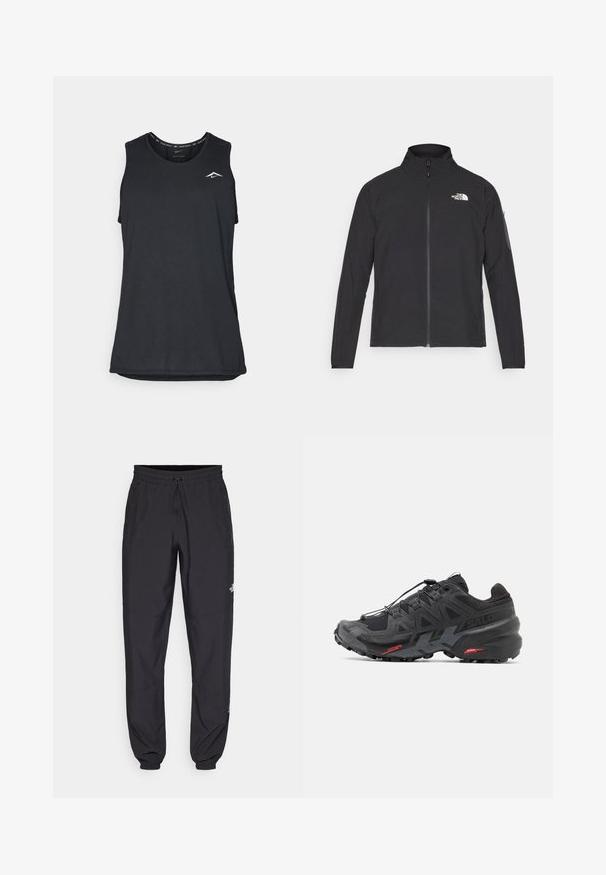 Sort jakke med høj krave, frontlynlås og struktureret stof. Har et logo på øverste venstre side og en sidelomme på ærmet.; Sort ærmeløs træningstanktop med rund halsudskæring, lavet af letvægtsmateriale, der har et lille hvidt logo i det øverste venstre hjørne.; Sorte atletiske bukser lavet af letvægtsstof, med en snor i taljen, sidelommer og tapered manchetter ved anklerne.; Sort løbesko med syntetisk overdel, struktureret design og kontrasterende røde accenter. Udstyret med et sikret snøresystem og en robust ydersål.