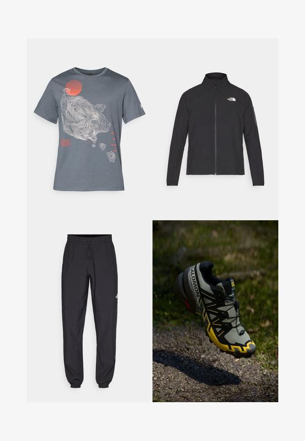 Fekete dzseki magas gallérral, elől cipzárral és texturált anyagból. Az elején bal oldalon logó található, és az ujjon egy oldalsó zseb helyezkedik el.; Szürke pamut póló fehér topográfiai mintával és egy piros körrel. A bal oldalon piros és fehér színű szöveg található.; Fekete sportnadrág, könnyű anyagból készült, húzózsinóros derékkal, oldalsó zsebekkel és szűkített szárakkal a bokáknál.; Salomon terepfutó cipő tompa szürke színben, élénk sárga kiegészítőkkel. Jellemzője a texturált talp, a biztos fűzési rendszer és a párnázott boka rész.