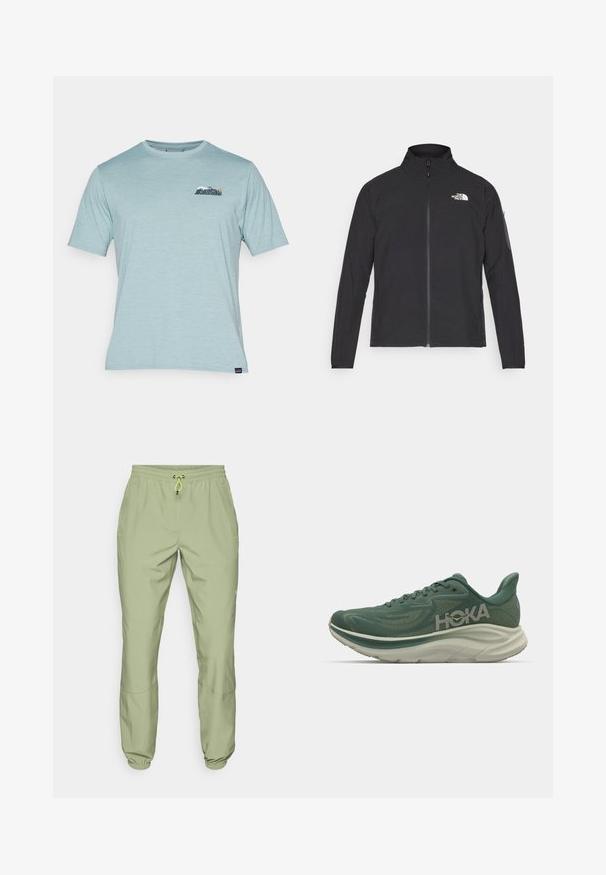 Črna jakna z visokim ovratnikom, sprednjim zadrgo in teksturirano tkanino. Ima logo na zgornji levi strani in stranski žep na rokavu.; Patagonia CAP COOL DAILY GRAPHIC WATERS - Športne majice - blue; Svijetlozelene atletske hlače s elastičnom gumicom u struku, zatvaranjem na brzo vezanje i manžetama na gležnjevima; sadrže dva bočna džepa i glatku teksturu.; Zelena športna copata z mrežastim zgornjim delom, oblazinjenim ovratnikom, debelim belim srednjim podplatom in gumijastim podplatom; na strani ima znak "HOKA".