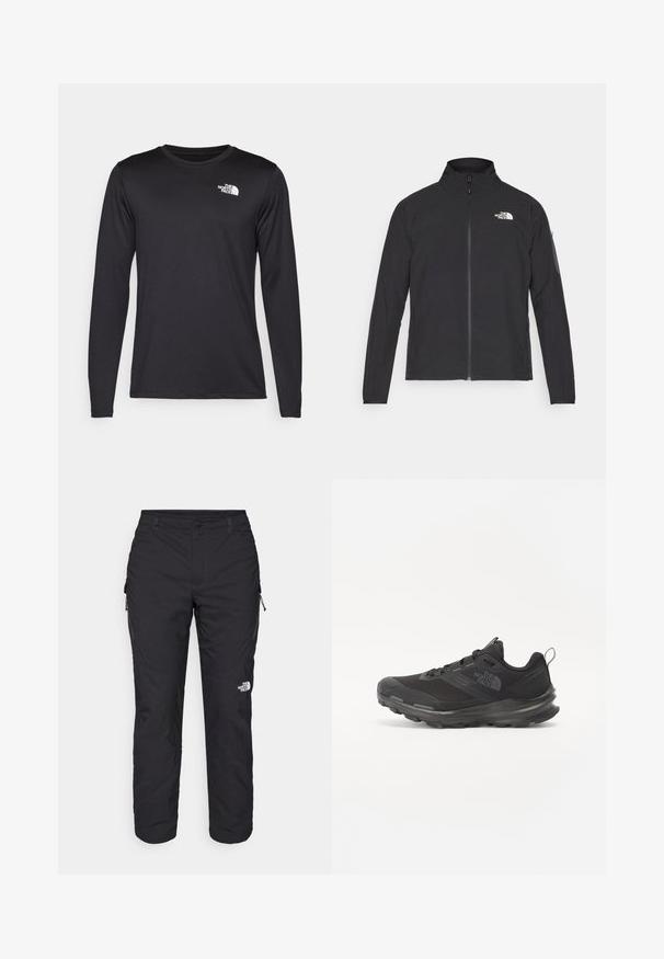 Musta jakk, millel on kõrge krae, eesneediga ja tekstuuriga kangas. Omab logo vasakul ülal ja küljetaskut varrukal.; Pikkade varrukatega must spordit-särk, mis on valmistatud kerge kangaga, esiküljel vasakul rinnal on valge logo. Sile tekstuur.; The North Face WINTER EXPLORATION TAPERED CARGO - Õuepüksid - black; Must use õhku läbilaskvat võrku ülemise ja kummist välispõhjaga mustad atleetijalatsid, millel on polsterdatud kaelus. Omab nööre, logo küljel ja tekstuurset disaini.