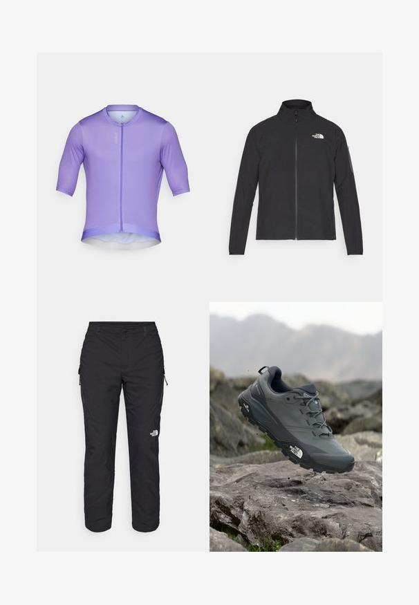 Fekete dzseki magas gallérral, elől cipzárral és texturált anyagból. Az elején bal oldalon logó található, és az ujjon egy oldalsó zseb helyezkedik el.; Lila rövid ujjú kerékpáros mez, elülső cipzárral, sima tapintással és testhezálló kialakítással. Könnyű anyag, lekerekített aljjal.; The North Face WINTER EXPLORATION TAPERED CARGO - Szabadtéri nadrágok - black; Szürke terepfutó cipő, texturált felsőrésszel, tartós gumitalppal és megerősített orr résszel. Fekete fűzők és márka logó a cipő oldalán.