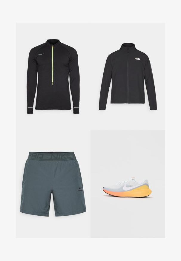 Black jacket with a high collar, front zipper, and textured fabric. Features a logo on the upper left and a side pocket on the sleeve.; Black long-sleeve athletic top with a quarter-zip front, reflective accents, ribbed texture, and a neon green zipper detail.; Gray athletic shorts made of lightweight fabric, featuring an elastic waistband with "NIKE PRO" printed and a small logo on the side.; Light blue running shoe with a breathable mesh upper. Features a white swoosh, orange and yellow midsole, and black outsole for traction.