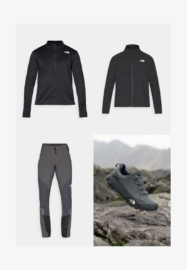 Musta jakk, millel on kõrge krae, eesneediga ja tekstuuriga kangas. Omab logo vasakul ülal ja küljetaskut varrukal.; Must mustaäriga pikkade varrukatega pullover, millel on neljandik zipper ja väike logo rinnal. Kinnitatud varrukad, kus on sõrmuse augud.; Hallkonnad hallid matkapaid, millel on kitsenev disain, mitmed taskud ja kontrastsed tumedat halli ning musta aktsendid. Valmistatud paindlikust ja vastupidavast materjalist.; Hallhalli jooksukingad halli värvi, tekstureeritud ülemise osaga, vastupidava kummist tallaga ja tugevdatud varvaste kattega. Omab paelu ja kaubamärgi logo küljel.