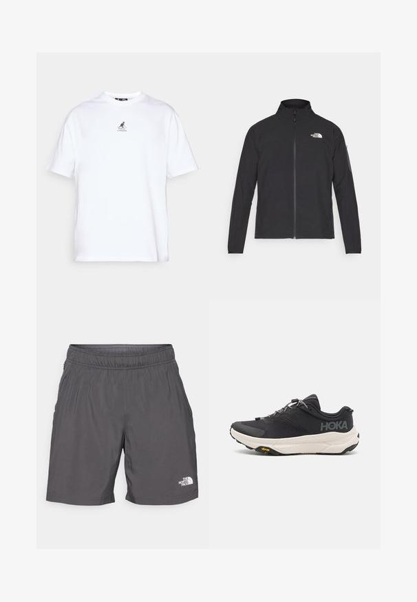 Juodas švarkas su aukšta apykakle, priekiniais užtrauktukais ir tekstūruotu audiniu. Yra logotipas viršuje kairėje ir šoninis kišenė ant rankovės.; Balta medvilninė marškinė su apvaliu kaklu, trumpomis rankovėmis ir juodu kengūros logotipu, spausdintu krūtinės srityje. Daugiafunkcis laisvalaikio drabužis.; Pilki, lengvi šortai su elastingu juosmeniu, šoninėmis kišenėmis ir mažu baltu logotipu kairėje apatinėje kojų pusėje. Lygus paviršius ir kasdieniškas dizainas.; Juodos sportinės bateliai su tekstūruota viršutine dalimi, pilkų akcentų, atspindinčiomis detalėmis ir storu baltu padu su Vibram prekės ženklu.