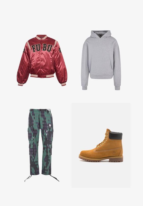 Rdeča satenska bomber jakna z rebrastimi manšeti in robom. Vezena FUBU logo spredaj; črni detajli in črtasti vzorec na rokavih.; Siva bombažna kapuca z sprednjim žepom, kapuco s vrvico in rebrastimi manšetami ter robom. Ima mehak, strukturiran zaključek.; Cargo hlače v diamantnem vzorcu zelene, vijolične in črne barve. Imajo šest žepov, nastavljive manšete in gumbasto zapiranje v pasu.; Svetlo rjave anklne čizme iz semiša z črnim oblazinjenim ovratnikom, zlatimi kovinskimi očesci, belimi šivi in robustnim gumijastim podplatom s izrazitimi tredi.
