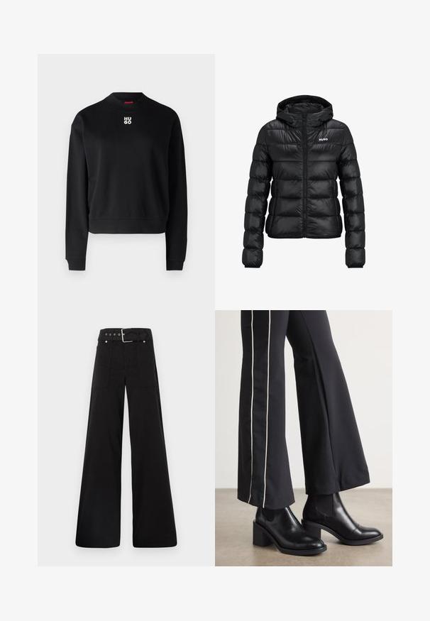 Černá podšitá bunda se zipem a kapucí. Má prošívaný design a logo "HUGO" na hrudi. Vyrobeno z lesklého materiálu.; Černá mikina vyrobená z měkké tkaniny, s kulatým výstřihem a manžetami s basic žebrováním. Logo "HUGO" v bílé barvě je umístěno na hrudi.; Černé široké kalhoty vyrobené z bavlny, s vysokým pasem, velkými bočními kapsami a opaskem s kovovými akcenty v barvě stříbra.; Černé kožené kotníkové boty na blokovém podpatku, s elastickými bočními panely. V kombinaci s černými kalhotami, které mají bílý boční pruh.