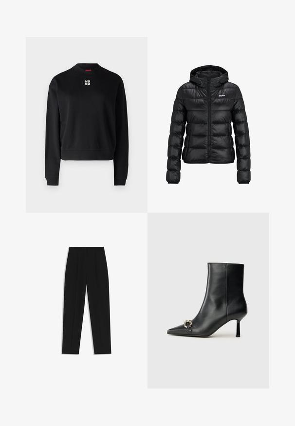 Chaqueta negra acolchada con cierre de cremallera y capucha. Presenta un diseño acolchado y el logo "HUGO" en el pecho. Está hecha de un material brillante.; Sudadera negra de tejido suave, con cuello redondo y puños acanalados. El logo "HUGO" en blanco está centrado en el pecho.; Pantalones negros de corte recto, con doble pinza, textura suave y un diseño de cinturilla clásica. Sin hardware o acentos visibles.; Botín negro de cuero hasta el tobillo con punta afilada, tacón delgado de altura media y detalle de hebilla plateada en el lateral, sobre un fondo liso.