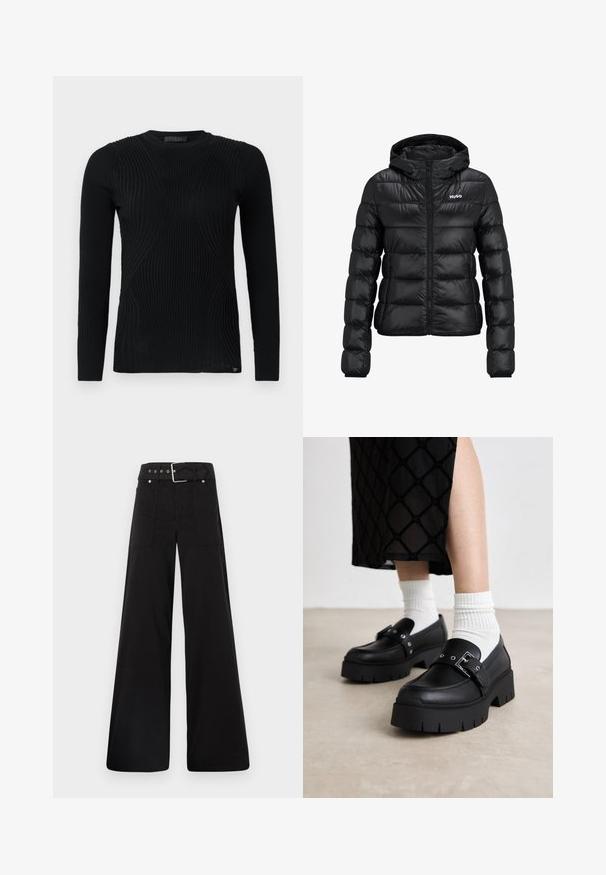 Melnā polsterētā jaka ar rāvējslēdzēju un kapuci. Iezīme ir kvalificēts dizains un "HUGO" logo uz krūškurvja. Izgatavota no spīdīga materiāla.; Melna ribota garām piedurknēm svītra ar teksturētām paneļiem un pieguļošu dizainu. Apaļa kakla izgriezums un maza logo detaļa apakšmalā.; Melna platā kāju bikses, izgatavotas no kokvilnas, ar augstu jostasvietu, lieliem sānu kabatām un jostu ar sudraba detaļām.; Melnas platformas loafer kurpes ar gludu ādas apdari, ar sprādzes detaļu un uzliktu akcentiem, pārī ar baltām ribotām zeķēm.