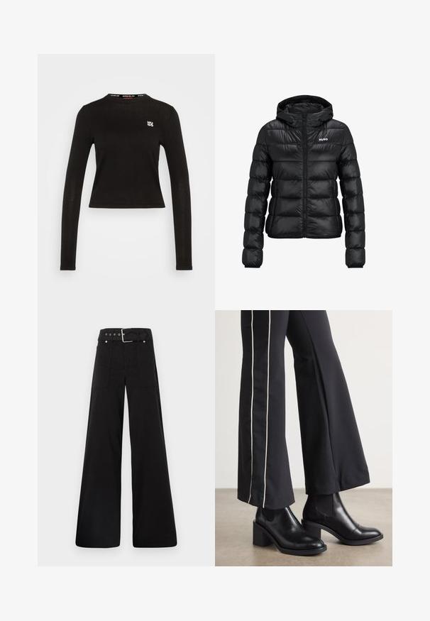 Schwarze gepolsterte Jacke mit einem Reißverschluss und Kapuze. Verfügt über ein gestepptes Design und das "HUGO"-Logo auf der Brust. Hergestellt aus glänzendem Material.; Schwarzes Langarmoberteil aus geripptem Stoff. Mit Rundhalsausschnitt und einem weißen Logo auf der linken Brust. Abgeschnittene Saumlinie.; Schwarze weitgeschnittene Hose aus Baumwolle, mit hoher Taille, großen Seitentaschen und einem taillierten Bund mit silbernen Hardware-Akzenten.; Schwarze Lederstiefeletten mit einem Blockabsatz, ausgestattet mit elastischen seitlichen Einsätzen. Kombiniert mit schwarzen Hosen, die einen weißen Seitenstreifen haben.
