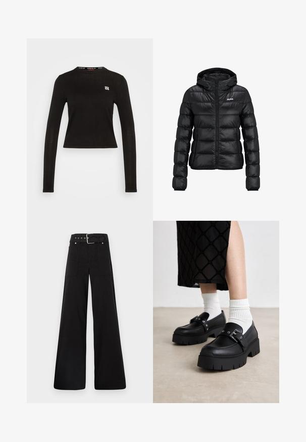 Black padded jacket with a zip closure and hood. Features a quilted design and the "HUGO" logo on the chest. Made from shiny material.; Black long-sleeve top made of ribbed fabric. Features a crew neckline and a white logo on the left chest. Cropped hemline.; Black wide-leg trousers made from cotton, featuring a high waist, large side pockets, and a belted waist with silver hardware accents.; Black platform loafers with a smooth leather finish, featuring a buckle detail and stud accents, paired with white ribbed socks.