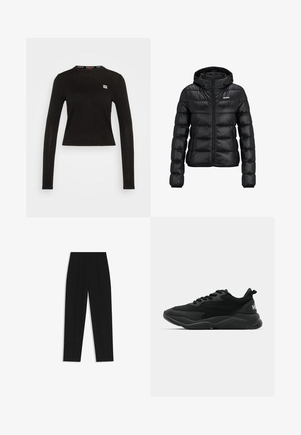 Schwarze gepolsterte Jacke mit einem Reißverschluss und Kapuze. Verfügt über ein gestepptes Design und das "HUGO"-Logo auf der Brust. Hergestellt aus glänzendem Material.; Schwarzes Langarmoberteil aus geripptem Stoff. Mit Rundhalsausschnitt und einem weißen Logo auf der linken Brust. Abgeschnittene Saumlinie.; Schwarze Hose mit geradem Schnitt, doppelten Falten, einer glatten Textur und einem klassischen Bunddesign. Keine sichtbaren Beschläge oder Akzente.; Schwarze Sport-Sneaker mit einer strukturierten Oberseite, Schnürverschluss, gepolsterter Sohle und einem markierten Akzent an der Ferse.