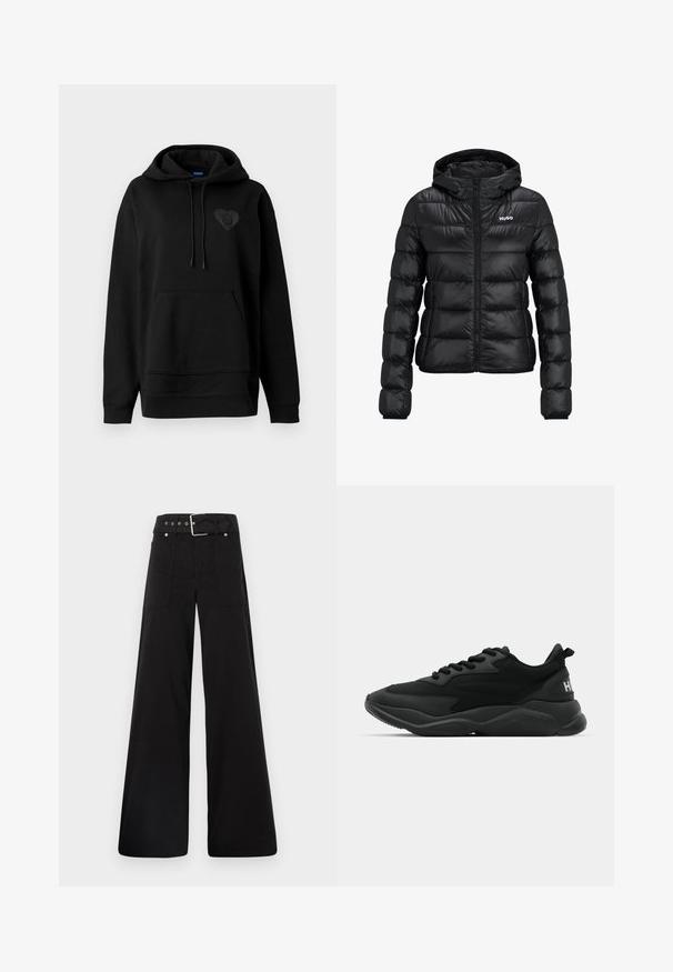 Giacca imbottita nera con chiusura a zip e cappuccio. Caratterizzata da un design trapuntato e dal logo "HUGO" sul petto. Realizzata in materiale lucido.; Felpa nera con cappuccio realizzata in tessuto morbido, dotata di tasca a marsupio, cordoncini e un logo a cuore lucido sul petto. Fit semplice e rilassato.; Pantaloni neri a gamba larga realizzati in cotone, con vita alta, ampie tasche laterali e vita con cintura arricchita da dettagli in metallo argentato.; Sneaker sportive nere con tomaia testurizzata, chiusura con lacci, suola imbottita e un accento con il marchio sul tallone.