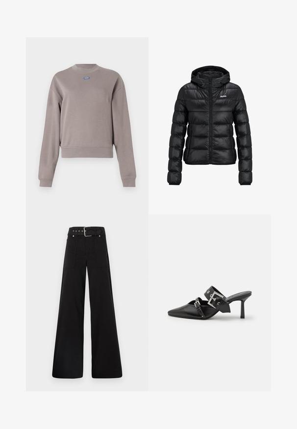 Giacca imbottita nera con chiusura a zip e cappuccio. Caratterizzata da un design trapuntato e dal logo "HUGO" sul petto. Realizzata in materiale lucido.; Felpa grigia, tagliata, realizzata in morbido misto cotone, con collo rotondo e maniche lunghe. Piccolo logo blu del marchio sul petto.; Pantaloni neri a gamba larga realizzati in cotone, con vita alta, ampie tasche laterali e vita con cintura arricchita da dettagli in metallo argentato.; Mule nere con tacco alto e punta affilata, realizzate in pelle liscia. Presentano una larga cinghia alla caviglia con una fibbia quadrata argentata e borchie.