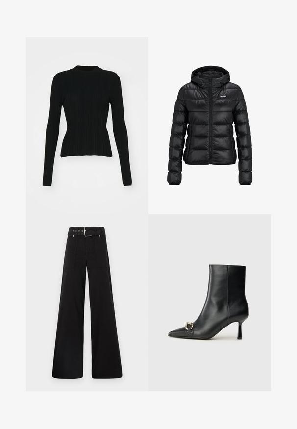 Czarna pikowana kurtka z zamkiem błyskawicznym i kapturem. Posiada wzór pikowania oraz logo "HUGO" na klatce piersiowej. Wykonana z błyszczącego materiału.; Czarny prążkowany sweter z długim rękawem, o wysokiej szyi i dopasowanej sylwetce. Materiał wydaje się elastyczny z pionowymi liniami. Krótszy krój na końcu.; Czarne spodnie o szerokich nogawkach wykonane z bawełny, z wysokim stanem, dużymi bocznymi kieszeniami i paskiem w talii z akcentami w kolorze srebrnym.; Czarny skórzany botek za kostkę z szpiczastym noskiem, smukłym średnim obcasem i srebrnym zapięciem po boku na jednolitym tle.