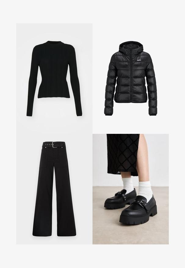 Giacca imbottita nera con chiusura a zip e cappuccio. Caratterizzata da un design trapuntato e dal logo "HUGO" sul petto. Realizzata in materiale lucido.; Maglione nero a coste con maniche lunghe, collo alto e siluetta aderente. Il materiale sembra elastico con linee verticali. Orlo più corto.; Pantaloni neri a gamba larga realizzati in cotone, con vita alta, ampie tasche laterali e vita con cintura arricchita da dettagli in metallo argentato.; Mocassini neri con plateau e finitura in pelle liscia, caratterizzati da un dettaglio con fibbia e borchie, abbinati a calzini bianchi a coste.