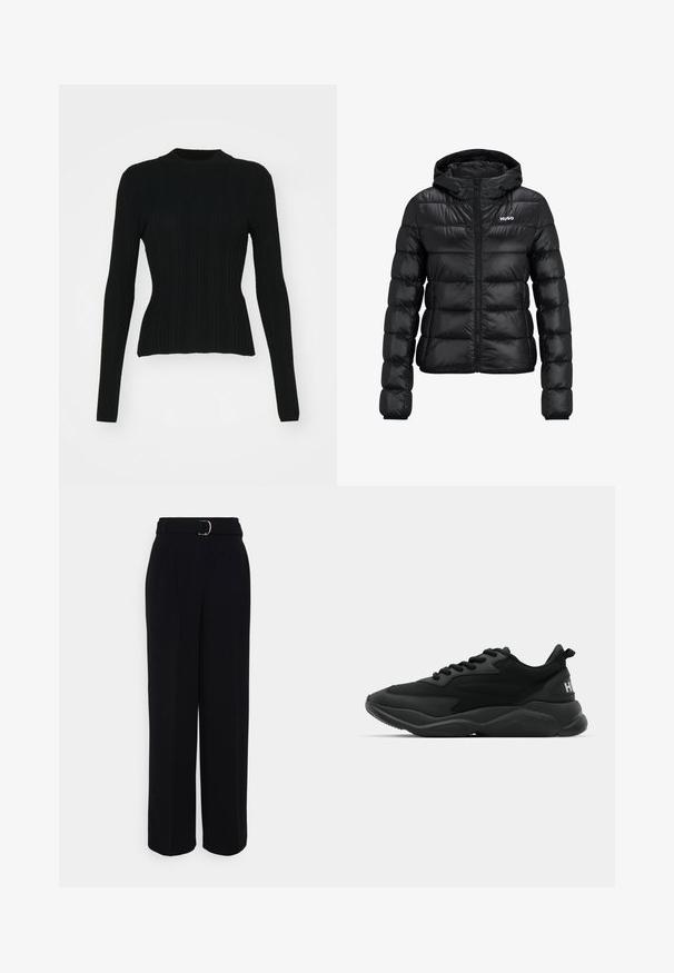 Black padded jacket with a zip closure and hood. Features a quilted design and the "HUGO" logo on the chest. Made from shiny material.; Black ribbed long-sleeve sweater with a high neckline and fitted silhouette. Material appears stretchy with vertical lines. Shorter cut at the hem.; Black tailored pants with a wide-leg silhouette, featuring a belt with a silver buckle, pleats, and a smooth fabric texture.; Black athletic sneakers featuring a textured upper, lace closure, cushioned sole, and a branded accent on the heel.