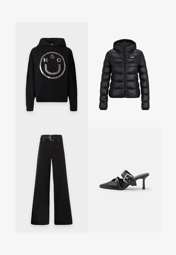 Chaqueta negra acolchada con cierre de cremallera y capucha. Presenta un diseño acolchado y el logo "HUGO" en el pecho. Está hecha de un material brillante.; Sudadera negra de material suave con un gran diseño de cara sonriente de purpurina plateada y texto "HGO" dentro del círculo.; Pantalones de pierna ancha negros, hechos de algodón, con cintura alta, grandes bolsillos laterales y una cintura ceñida con un cinturón que presenta acentos de metal plateado.; Mules de tacón alto negros con puntera afilada, elaborados en cuero suave. Cuentan con una amplia correa para el tobillo con una hebilla cuadrada de plata y tachuelas.