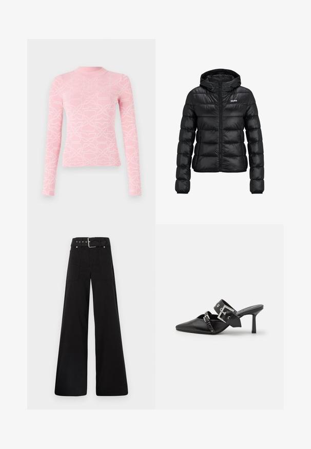 Črna podložena jakna z zadrgo in kapuco. Ima prešito zasnovo in logotip "HUGO" na prsih. Narejena je iz sijočega materiala.; Roza majica z dolgimi rokavi, izdelana iz strukturirane tkanine, ki vsebuje ponavljajoč se cvetlični vzorec v beli barvi. Visok ovratnik in prilegajoča se zasnova.; Črne široke hlače iz bombaža, z visokim pasom, velikimi stranskimi žepi in pasom s sponko ter srebrnimi dodatki.; Črne visoke mule s koničastim prstom, izdelane iz gladkega usnja. Imajo širok gleženjski trak s kvadratno srebrno zaponko in okraski.