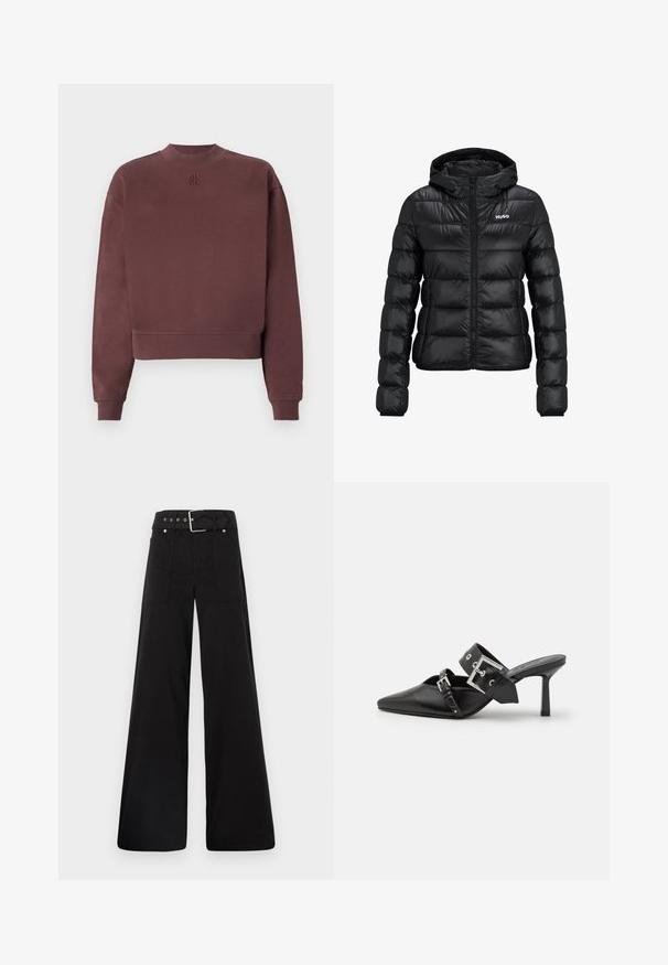 Giacca imbottita nera con chiusura a zip e cappuccio. Caratterizzata da un design trapuntato e dal logo "HUGO" sul petto. Realizzata in materiale lucido.; Felpa bordeaux con collo alto e design cropped. Realizzata in morbido tessuto, con polsini a costine e un logo embosso sul petto.; Pantaloni neri a gamba larga realizzati in cotone, con vita alta, ampie tasche laterali e vita con cintura arricchita da dettagli in metallo argentato.; Mule nere con tacco alto e punta affilata, realizzate in pelle liscia. Presentano una larga cinghia alla caviglia con una fibbia quadrata argentata e borchie.