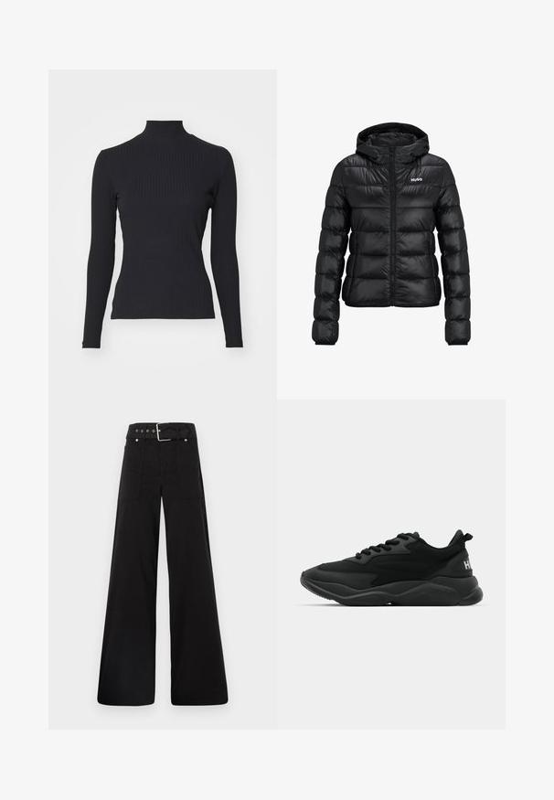 Schwarze gepolsterte Jacke mit einem Reißverschluss und Kapuze. Verfügt über ein gestepptes Design und das "HUGO"-Logo auf der Brust. Hergestellt aus glänzendem Material.; Schwarzes, geripptes Rollkragenoberteil mit langen Ärmeln. Aus dehnbarem Stoff mit figurbetonter Passform und hohem Kragen. Einfaches Design ohne Verzierungen.; Schwarze weitgeschnittene Hose aus Baumwolle, mit hoher Taille, großen Seitentaschen und einem taillierten Bund mit silbernen Hardware-Akzenten.; Schwarze Sport-Sneaker mit einer strukturierten Oberseite, Schnürverschluss, gepolsterter Sohle und einem markierten Akzent an der Ferse.