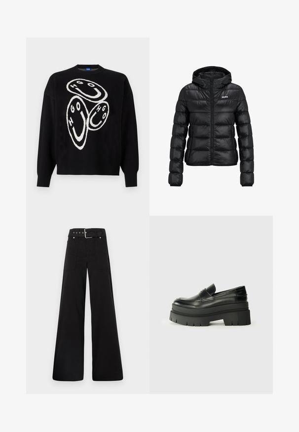 Must must jacket, milledega lukuga ja kapuutsiga. Omab tikanditud disaini ja "HUGO" logo rinnal. Valmistatud läikivast materjalist.; Mustmust valge graafikaga, millel on ringikujundused ja tähed "HGO". Ribitud ääred ja allserv on struktuuri rõhutamiseks.; Mustad laiad mustad püksid, mis on valmistatud puuvillast, kõrge vöökoha, suurte küljetaskute ja kumerate rihmadega, kus on hõbedased detailid.; Mustad mustrennistest nahast mokad, millel on paks platvormi tald. Ümar varvas, eesmine õmblusdetail ja peened õmblemisaktsendid. Lame, tekstureeritud välistald.