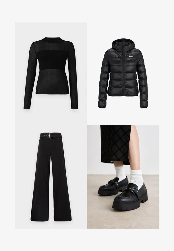 Veste rembourrée noire avec fermeture éclair et capuche. Présente un design matelassé et le logo "HUGO" sur la poitrine. Fabriquée en matériau brillant.; Haut noir à manches longues en tissu tricoté côtelé. Il présente un col haut et un détail semi-transparent sur la poitrine et les manches.; Pantalons larges noirs en coton, avec une taille haute, de grandes poches latérales et une taille ceinturée avec des accents en métal argenté.; Mocassins à plateforme noirs en cuir lisse, avec un détail de boucle et des accents de clous, associés à des chaussettes blanches côtelées.