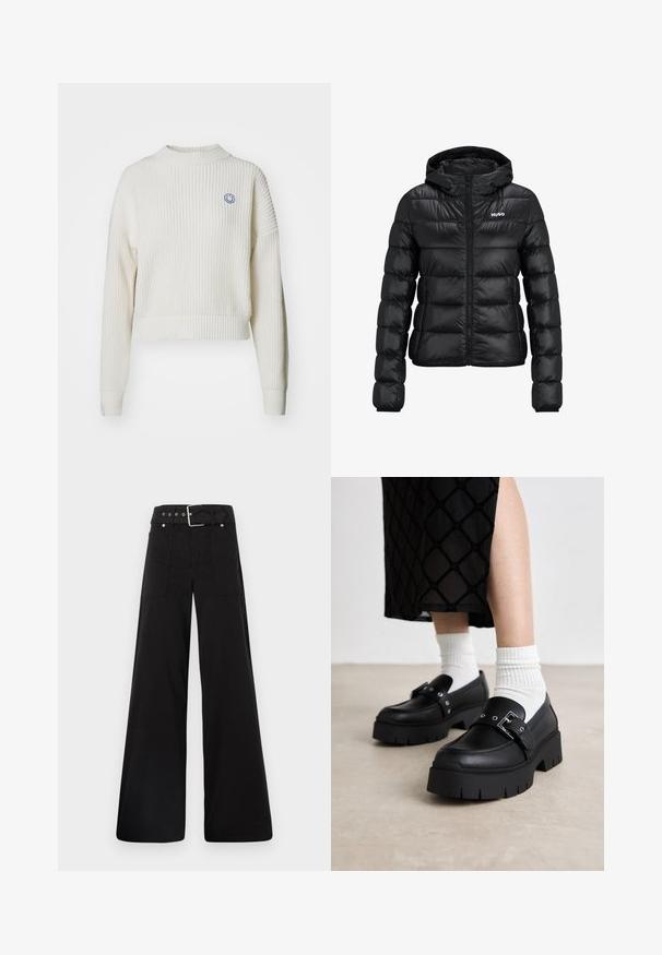 Schwarze gepolsterte Jacke mit einem Reißverschluss und Kapuze. Verfügt über ein gestepptes Design und das "HUGO"-Logo auf der Brust. Hergestellt aus glänzendem Material.; Weißer gerippter Strickpullover mit hohem Kragen und fallenden Schultern. Mit einem kleinen blauen Smiley-Logo auf der Brust. Kurzes Design.; Schwarze weitgeschnittene Hose aus Baumwolle, mit hoher Taille, großen Seitentaschen und einem taillierten Bund mit silbernen Hardware-Akzenten.; Schwarze Plateauslurchen mit glattem Lederfinish, ausgestattet mit einer Schnallendetail und Nietenakzenten, kombiniert mit weißen gerippten Socken.
