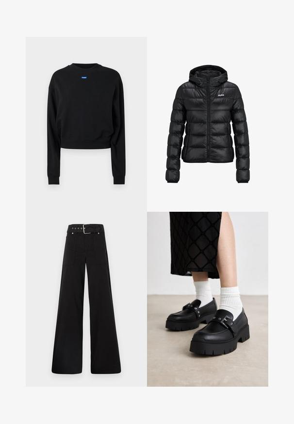 Giacca imbottita nera con chiusura a zip e cappuccio. Caratterizzata da un design trapuntato e dal logo "HUGO" sul petto. Realizzata in materiale lucido.; Felpa nera corta con maniche lunghe e polsini a costine; presenta un'etichetta logata rettangolare blu nella parte anteriore vicino al colletto.; Pantaloni neri a gamba larga realizzati in cotone, con vita alta, ampie tasche laterali e vita con cintura arricchita da dettagli in metallo argentato.; Mocassini neri con plateau e finitura in pelle liscia, caratterizzati da un dettaglio con fibbia e borchie, abbinati a calzini bianchi a coste.