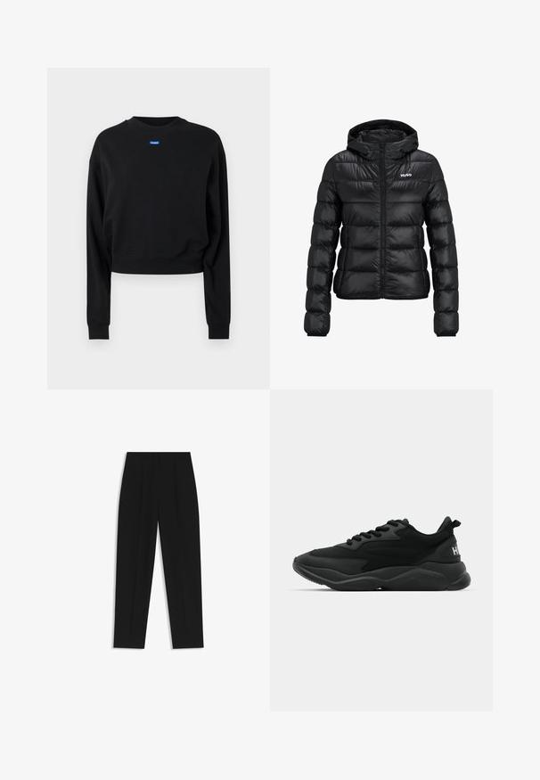 Black padded jacket with a zip closure and hood. Features a quilted design and the "HUGO" logo on the chest. Made from shiny material.; Black cropped sweatshirt with long sleeves and ribbed cuffs; features a blue rectangular logo label on the front near the neckline.; Black trousers with a straight fit, featuring double pleats, a smooth texture, and a classic waistband design. No visible hardware or accents.; Black athletic sneakers featuring a textured upper, lace closure, cushioned sole, and a branded accent on the heel.