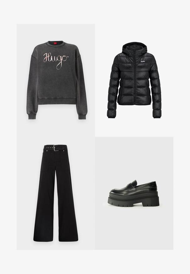 Μαύρο τζάκετ με επένδυση και κλείσιμο με φερμουάρ και κουκούλα. Διαθέτει ανάγλυφο σχέδιο και το λογότυπο "HUGO" στο στήθος. Κατασκευασμένο από γυαλιστερό υλικό.; Γκρι φούτερ με χαλαρή εφαρμογή, διαθέτει στρογγυλή λαιμόκοψη και ριμπ μανσέτες. Έχει ένα γυαλιστερό, καλλιγραφικό λογότυπο "Hugo" σε παστέλ χρώματα στην μπροστινή πλευρά.; Μαύρο παντελόνι με φαρδιά ποδιά φτιαγμένο από βαμβάκι, με ψηλή μέση, μεγάλες πλαϊνές τσέπες και ζώνη με μεταλλικά αξεσουάρ σε ασημί απόχρωση.; Μαύρες δερμάτινες λοφάδες με χοντρή πλατφόρμα. Στρογγυλή μύτη, λεπτομέρεια ραφής μπροστά και διακριτικά διακοσμητικά ραφή. Ίσια, υφασμένη σόλα.