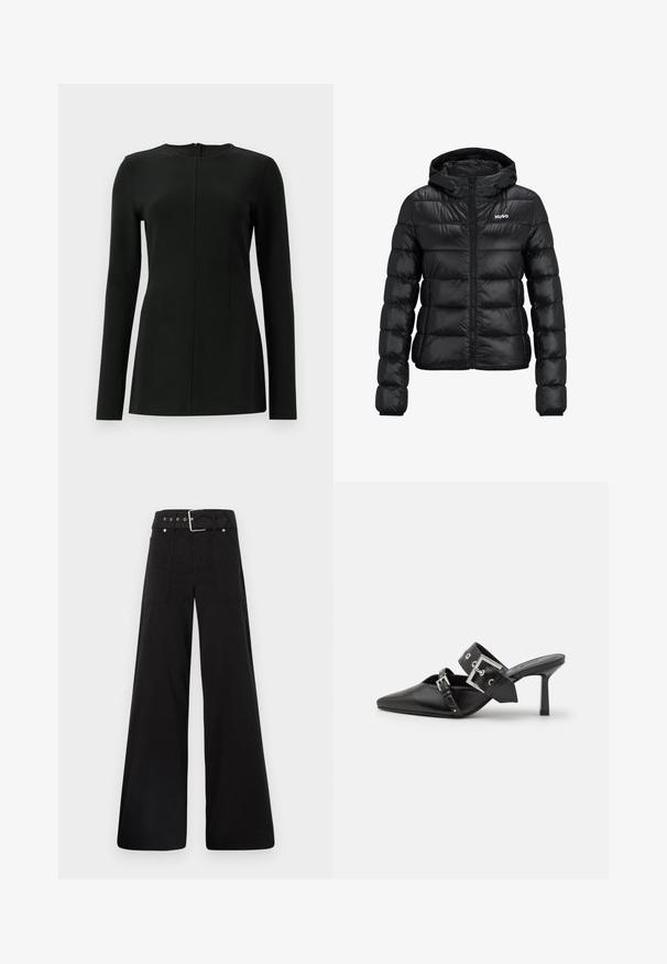 Schwarze gepolsterte Jacke mit einem Reißverschluss und Kapuze. Verfügt über ein gestepptes Design und das "HUGO"-Logo auf der Brust. Hergestellt aus glänzendem Material.; Schwarzes Langarmoberteil mit hohem Ausschnitt, Vordernahtdetail und rückseitigem Reißverschluss. Hergestellt aus einem glatten, dehnbaren Stoff.; Schwarze weitgeschnittene Hose aus Baumwolle, mit hoher Taille, großen Seitentaschen und einem taillierten Bund mit silbernen Hardware-Akzenten.; Schwarze High-Heel-Mules mit spitzem Zeh aus glattem Leder. Mit einem breiten Knöchelriemen, der eine quadratische silberne Schnalle und Nieten aufweist.