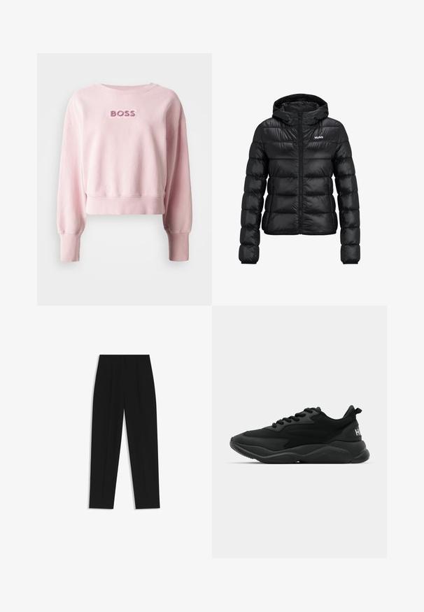 Svart vadderad jacka med dragkedja och huva. Har en quiltad design och "HUGO"-logotypen på bröstet. Tillverkad av glänsande material.; Rosa kortärmad sweatshirt gjord av mjuk bomull. Har rund halsringning och långa ärmar med ribbade muddar, prydd med "BOSS"-logotypen.; Svarta byxor med rak passform, med dubbla fickor, en slät yta och en klassisk midje-design. Ingen synlig hårdvara eller detaljer.; Svarta sportiga sneakers med en texturerad ovandel, snörning, vadderad sula och ett märkesackcent på hälen.