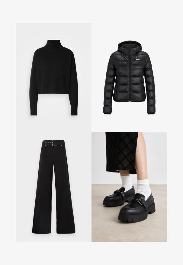 Black padded jacket with a zip closure and hood. Features a quilted design and the "HUGO" logo on the chest. Made from shiny material.; Black cropped sweater, ribbed turtleneck, long sleeves, knitted texture, featuring a small logo on the chest.; Black wide-leg trousers made from cotton, featuring a high waist, large side pockets, and a belted waist with silver hardware accents.; Black platform loafers with a smooth leather finish, featuring a buckle detail and stud accents, paired with white ribbed socks.