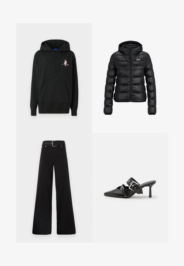 Fekete párnázott dzseki cipzárral és kapucnival. Tűzött mintázattal rendelkezik, és a "HUGO" logó a mellkason található. Fényt visszaverő anyagból készült.; Fekete kapucnis pulóver elülső zsebből. Színes hímzett minta található a mellrészen. Puha, texturált anyagból készült.; Fekete, bő szárú nadrág, pamutból készült, magas derékkal, nagy oldalsó zsebekkel és ezüst színű hardverelemekkel ellátott övvel.; Fekete magassarkú mules, hegyes orral, sima bőrből készült. Széles bokapántja van, négyzet alakú ezüst csattal és szegecsekkel.
