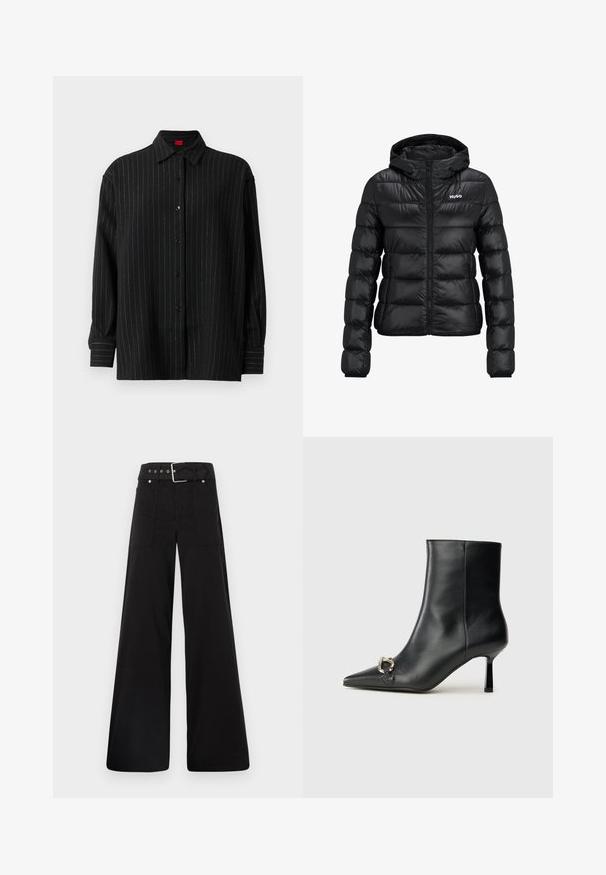 Czarna pikowana kurtka z zamkiem błyskawicznym i kapturem. Posiada wzór pikowania oraz logo "HUGO" na klatce piersiowej. Wykonana z błyszczącego materiału.; Czarna koszula z długim rękawem, z guzikami, w cienkie białe pionowe paski, z klasycznym kołnierzykiem i zapinanymi mankietami.; Czarne spodnie o szerokich nogawkach wykonane z bawełny, z wysokim stanem, dużymi bocznymi kieszeniami i paskiem w talii z akcentami w kolorze srebrnym.; Czarny skórzany botek za kostkę z szpiczastym noskiem, smukłym średnim obcasem i srebrnym zapięciem po boku na jednolitym tle.
