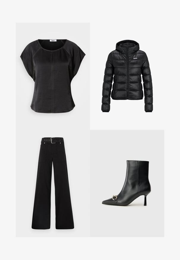 Giacca imbottita nera con chiusura a zip e cappuccio. Caratterizzata da un design trapuntato e dal logo "HUGO" sul petto. Realizzata in materiale lucido.; Top nero a maniche corte con vestibilità rilassata, dotato di scollatura tonda e cuciture a contrasto in tono sabbia sul davanti e lungo le cuciture.; Pantaloni neri a gamba larga realizzati in cotone, con vita alta, ampie tasche laterali e vita con cintura arricchita da dettagli in metallo argentato.; Stivale alla caviglia in pelle nera con punta affusolata, tacco sottile di media altezza e dettaglio in fibbia argentata sul lato, su sfondo semplice.